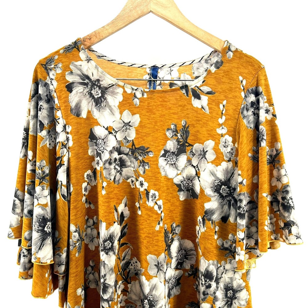 James C Mustard Yellow Floral Tiered Ruffle Sleeve Dress Size L With Pockets